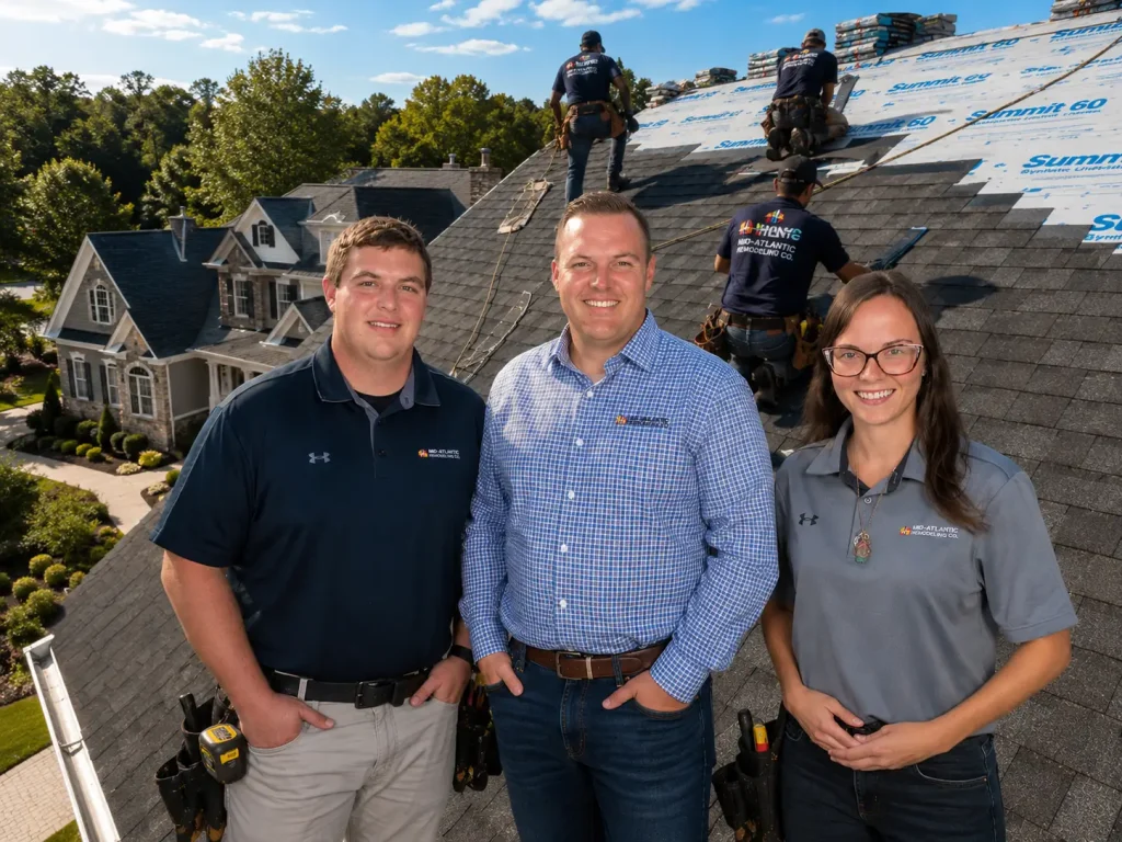 Three Mid-Atlantic Remodeling Company team members standing on a residential roof while a roofing crew installs shingles in the background at a Maryland home.