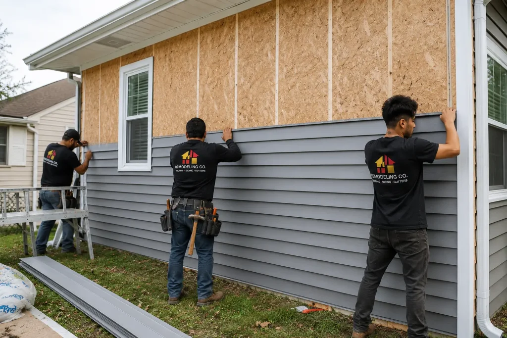 Three remodeling company crew members install new gray siding on a residential home while wearing branded company shirts and using professional tools during an exterior renovation project.