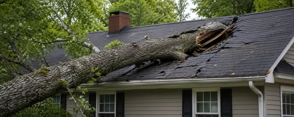 Large fallen tree crushing a residential roof, causing severe shingle damage, structural impact, and exposed roof decking.